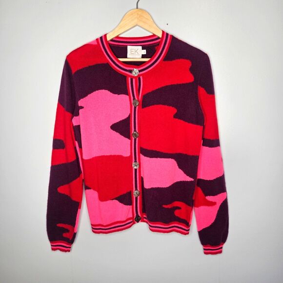 EDINBURGH KNITWEAR 100% Cashmere Cardigan Medium Pink Red Purple Camo Sweater - Picture 1 of 7